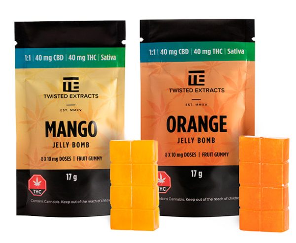 Buy Twisted Extracts Sativa 1:1 Jelly Bombs Mango and Orange Flavor 40mg CBD and THC